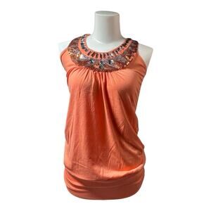 Free Culture, coral peach colored ladies top, Beaded front (Size: M)